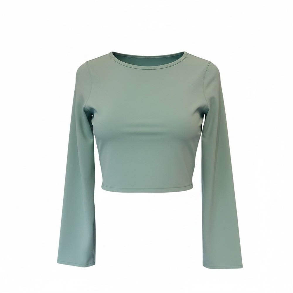 Womens Sage Green Long Sleeve Crop Top Crew Neck Bell Sleeve Athletic Casual S
